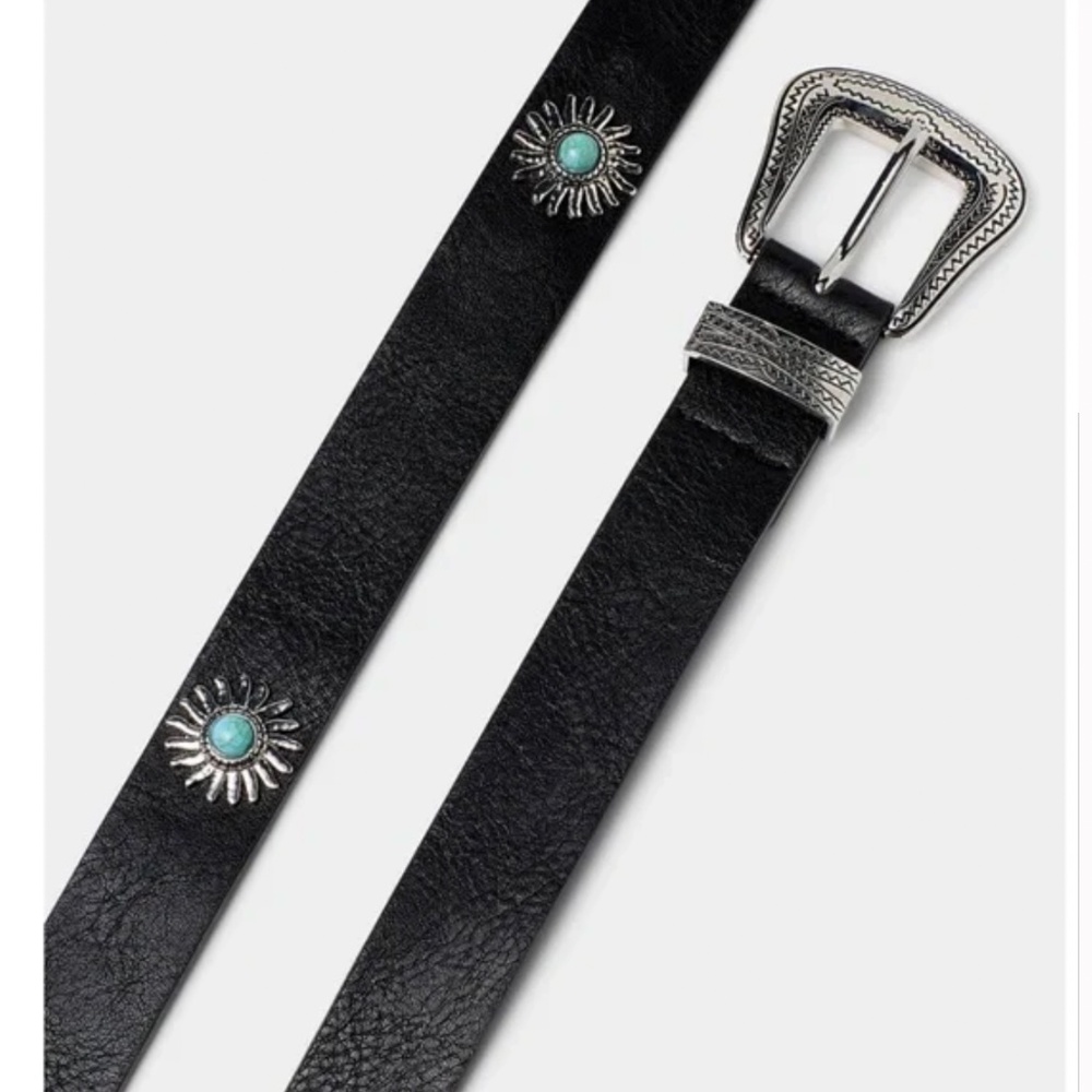 Floral metal medallion and blue turquoise stone faux leather western belt NWT - Picture 2 of 9